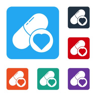 İktidar için beyaz haplar, beyaz arka planda izole edilmiş afrodizyak ikonu. Erkekler ve kadınlar için seks hapları. Renkli kare düğmelerle simgeleri ayarla. Vektör İllüstrasyonu