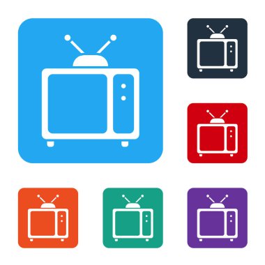 Beyaz Retro TV simgesi beyaz arkaplanda izole edildi. Televizyon tabelası. Renkli kare düğmelerle simgeleri ayarla. Vektör İllüstrasyonu