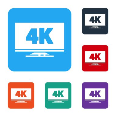 Beyaz Ekran TV 4k Ultra HD video teknolojisi ikonu beyaz arka planda izole edildi. Renkli kare düğmelerle simgeleri ayarla. Vektör İllüstrasyonu