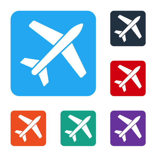 White Plane icon isolated on white background. Flying airplane icon. Airliner sign. Set icons in color square buttons. Vector Illustration