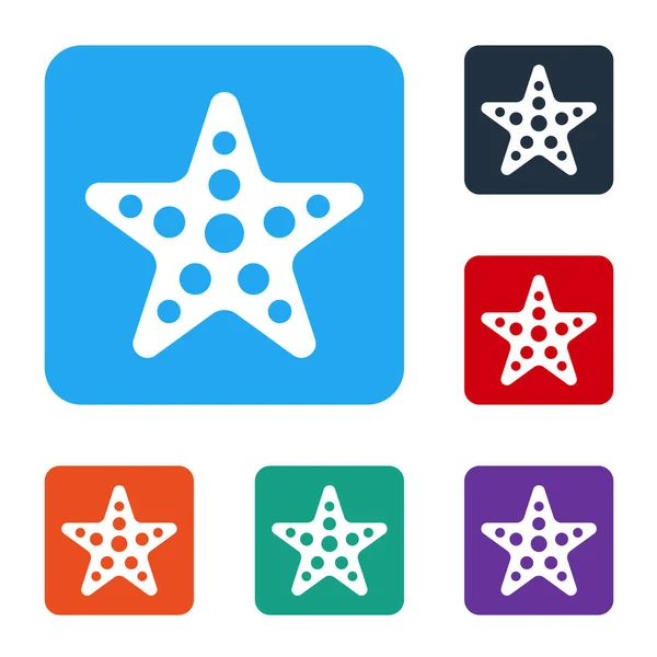 Ícone Starfish Branco Isolado Fundo Branco Definir Ícones Botões Quadrados — Vetor de Stock