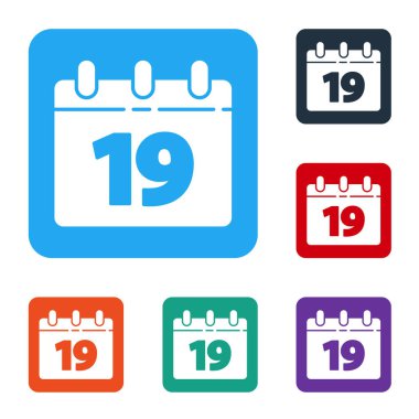 Beyaz arka planda Mutlu Paskalya ikonu olan beyaz takvim. İlkbahar Hristiyan bayramı sembolü. Renkli kare düğmelerle simgeleri ayarla. Vektör İllüstrasyonu