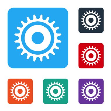 Beyaz dairesel testere bıçak ikonu beyaz arka planda izole. Testere tekerleği. Renkli kare düğmelerle simgeleri ayarla. Vektör İllüstrasyonu