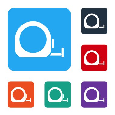 Beyaz Rulet inşaat ikonu beyaz arka planda izole edildi. Mezura ölçüm sembolü. Renkli kare düğmelerle simgeleri ayarla. Vektör İllüstrasyonu