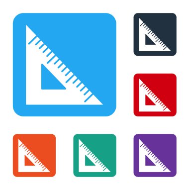 Beyaz Üçgen cetvel simgesi beyaz arkaplanda izole edildi. Düz sembol. Geometrik sembol. Renkli kare düğmelerle simgeleri ayarla. Vektör İllüstrasyonu
