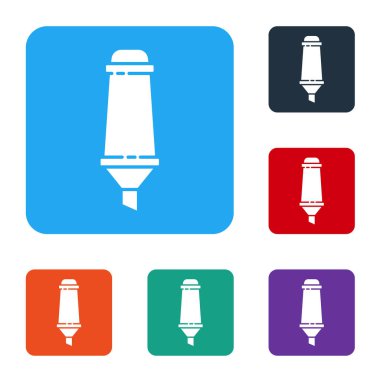 Beyaz İşaretli kalem simgesi beyaz arkaplanda izole edildi. Renkli kare düğmelerle simgeleri ayarla. Vektör İllüstrasyonu