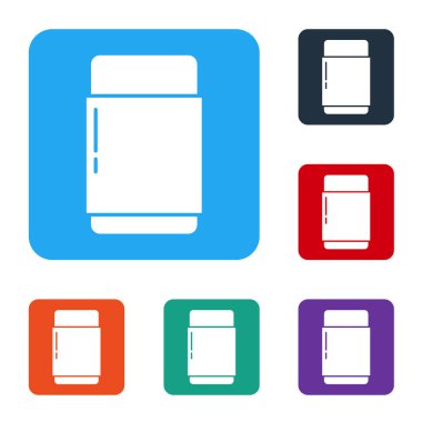 Beyaz silgi ya da plastik simge beyaz arkaplanda izole edilmiş. Renkli kare düğmelerle simgeleri ayarla. Vektör İllüstrasyonu