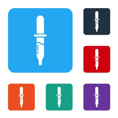 Beyaz Pipette simgesi beyaz arkaplanda izole edildi. Tıbbi elementler, kimya laboratuarı ekipmanları. Tıp sembolü. Renkli kare düğmelerle simgeleri ayarla. Vektör İllüstrasyonu