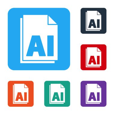 Beyaz Yapay Zeka dosya dökümanı. Beyaz arkaplanda ai düğmesi simgesi indir. Yapay zeka dosya sembolü. Renkli kare düğmelerle simgeleri ayarla. Vektör İllüstrasyonu