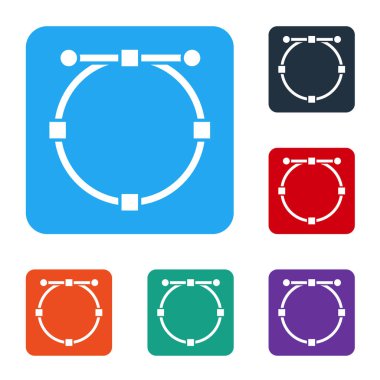 Beyaz arka planda Bezier eğrisi simgesi olan beyaz daire pankartı. Kalem aracı simgesi. Renkli kare düğmelerle simgeleri ayarla. Vektör İllüstrasyonu