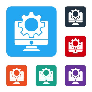 Beyaz bilgisayar monitörü ve vites simgesi beyaz arkaplanda izole edildi. Ayarlama, servis, ayar, bakım, onarım, onarım. Renkli kare düğmelerle simgeleri ayarla. Vektör İllüstrasyonu
