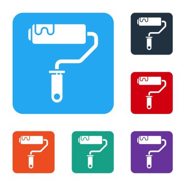 Beyaz boya fırça ikonu beyaz arkaplanda izole edildi. Renkli kare düğmelerle simgeleri ayarla. Vektör İllüstrasyonu