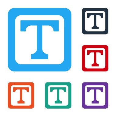 Beyaz Metin simgesi beyaz arkaplanda izole edildi. Renkli kare düğmelerle simgeleri ayarla. Vektör İllüstrasyonu