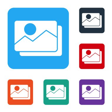 Beyaz Resim manzara simgesi beyaz arkaplanda izole edildi. Renkli kare düğmelerle simgeleri ayarla. Vektör İllüstrasyonu