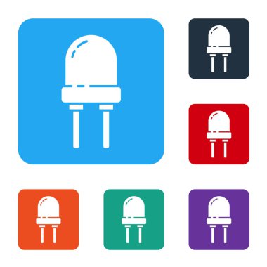 Beyaz Işık, beyaz arkaplanda izole edilmiş diyot simgesi yayıyor. Yarı iletken diyot elektrik bileşeni. Renkli kare düğmelerle simgeleri ayarla. Vektör İllüstrasyonu