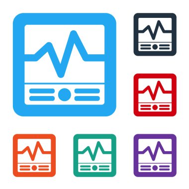 Beyaz Elektrik Ölçüm Aletleri simgesi beyaz arkaplanda izole edildi. Analog cihazları. Elektrikli aletler. Renkli kare düğmelerle simgeleri ayarla. Vektör İllüstrasyonu