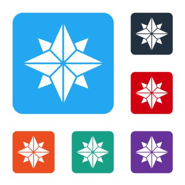 Beyaz Rüzgar gül simgesi beyaz arkaplanda izole edildi. Seyahat için pusula simgesi. Navigasyon tasarımı. Renkli kare düğmelerle simgeleri ayarla. Vektör İllüstrasyonu