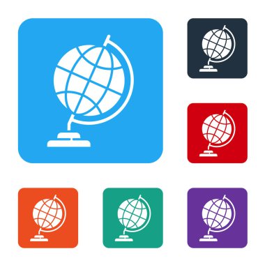 Beyaz Dünya küre simgesi beyaz arkaplanda izole edilmiş. Renkli kare düğmelerle simgeleri ayarla. Vektör İllüstrasyonu