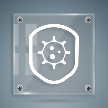 Beyaz Kalkan virüsten, mikroplardan ve bakteri simgesinden korunuyor. Bağışıklık sistemi konsepti. Corona virüsü 2019-nCoV. Kare cam paneller. Vektör İllüstrasyonu