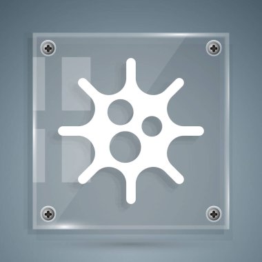 Beyaz Virüs simgesi gri arkaplanda izole edildi. Corona virüsü 2019-nCoV. Bakteri ve mikroplar, hücre kanseri, mikrop, mantar. Kare cam paneller. Vektör İllüstrasyonu