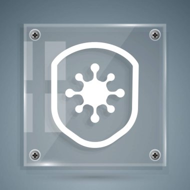 Beyaz Kalkan virüsten, mikroplardan ve bakteri simgesinden korunuyor. Bağışıklık sistemi konsepti. Corona virüsü 2019-nCoV. Kare cam paneller. Vektör İllüstrasyonu