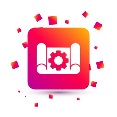 Beyaz arka planda mühendislik ve vites simgesi için beyaz çizim kağıdı izole edildi. Kare renk düğmesi. Vektör İllüstrasyonu