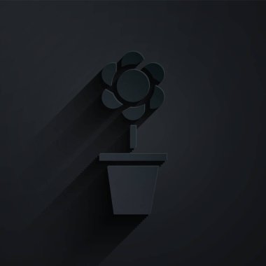 Kağıt kesiği, siyah arkaplanda izole edilmiş saksı simgesinde Çiçek. Tencerede yetişen bir bitki. Saksı bitkisi işareti. Kağıt sanatı tarzı. Vektör İllüstrasyonu