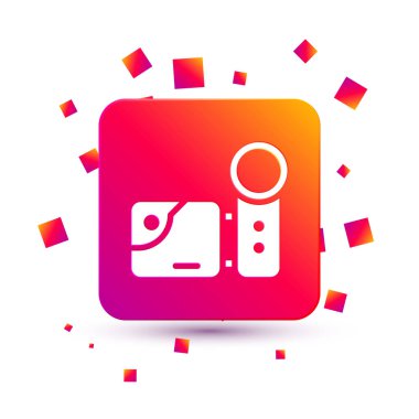 Beyaz sinema kamera ikonu beyaz arkaplanda izole edildi. Video kamera. Film tabelası. Film projektörü. Kare renk düğmesi. Vektör İllüstrasyonu