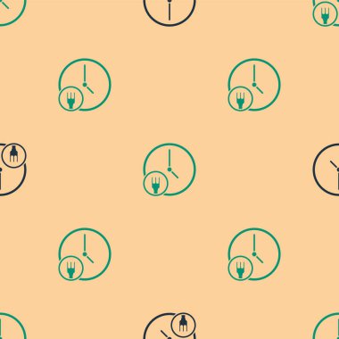 Yeşil ve siyah yuvarlak saat teslim ikonu bej arka planda izole edilmiş pürüzsüz desen. Vektör İllüstrasyonu