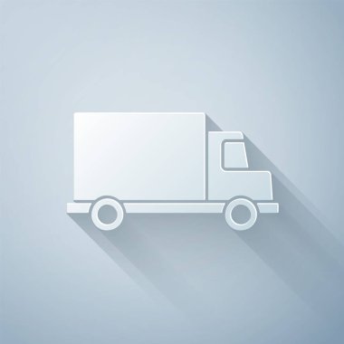 Kağıt kesiği kargo kamyonu ikonu gri arka planda izole edilmiş. Kağıt sanatı tarzı. Vektör İllüstrasyonu