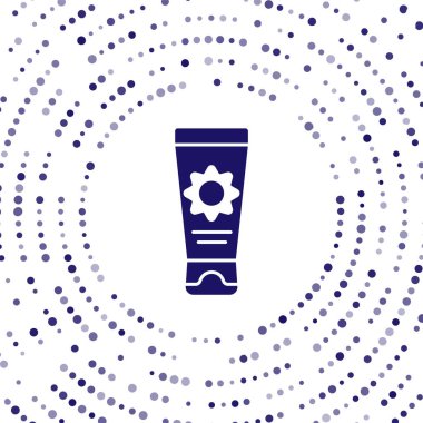 Beyaz arkaplanda izole edilmiş tüp ikonlu mavi güneş kremi. Cilt için güneş ultraviyole ışığından koruma. Soyut çember rastgele noktalar. Vektör İllüstrasyonu