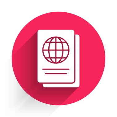 Uzun gölgeli, biyometrik veri simgesine sahip beyaz pasaport. Kimlik Belgesi. Kırmızı daire düğmesi. Vektör İllüstrasyonu