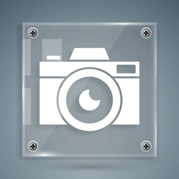 白色摄影相机图标孤立在灰色背景 Foto相机图标 方块玻璃面板 病媒图解 — 图库矢量图片
