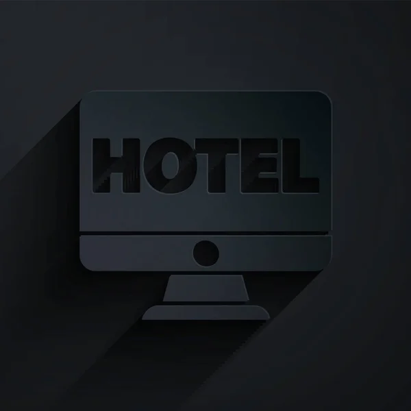 紙のカットオンラインホテル予約アイコンは黒の背景に隔離されました コンピュータモニターのためのオンライン予約デザインコンセプト 紙のアートスタイル ベクターイラスト — ストックベクタ