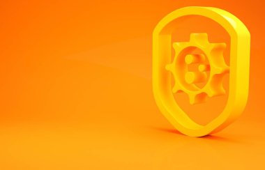 Sarı Kalkan, turuncu arka planda virüslerden, mikroplardan ve bakteri ikonlarından korunuyor. Bağışıklık sistemi konsepti. Corona virüsü 2019-nCoV. Minimalizm kavramı. 3d illüstrasyon 3B canlandırma