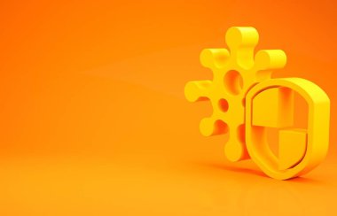 Sarı Kalkan, turuncu arka planda virüslerden, mikroplardan ve bakteri ikonlarından korunuyor. Bağışıklık sistemi konsepti. Corona virüsü 2019-nCoV. Minimalizm kavramı. 3d illüstrasyon 3B canlandırma