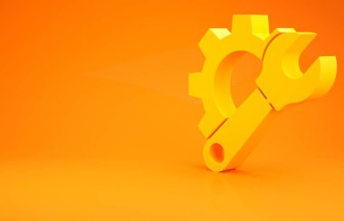 Sarı İngiliz anahtarı ve dişli simgesi turuncu arka planda izole edilmiş. Ayarlama, servis, ayar, bakım, onarım, onarım. Minimalizm kavramı. 3d illüstrasyon 3B canlandırma