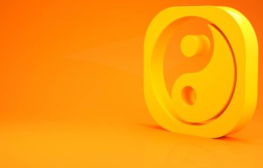 Sarı Yin Yang armoni sembolü ve turuncu arkaplanda izole edilmiş denge simgesi. Minimalizm kavramı. 3d illüstrasyon 3B canlandırma