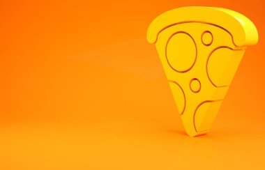 Sarı dilim pizza ikonu turuncu arka planda izole edilmiş. Fast food menüsü. Minimalizm kavramı. 3d illüstrasyon 3B canlandırma