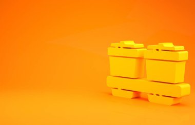 Sarı kahve fincanı turuncu arka planda izole edilmiş bir ikona dönüşecek. Minimalizm kavramı. 3d illüstrasyon 3B canlandırma