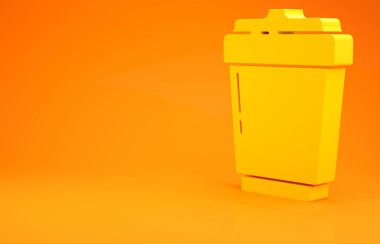 Sarı kahve fincanı turuncu arka planda izole edilmiş bir ikona dönüşecek. Minimalizm kavramı. 3d illüstrasyon 3B canlandırma