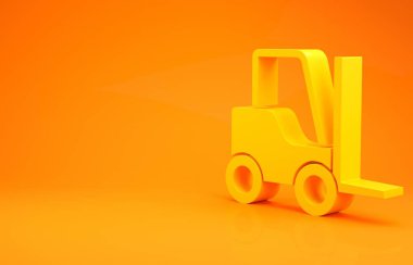Sarı Forklift ikonu turuncu arka planda izole edildi. Çatal doldurucu ve karton kutu. Kargo teslimatı, nakliye, ulaşım. Minimalizm kavramı. 3d illüstrasyon 3B canlandırma