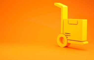 Sarı El kamyonu ve turuncu arka planda izole edilmiş kutu ikonu. Dolly sembolü. Minimalizm kavramı. 3d illüstrasyon 3d canlandırma