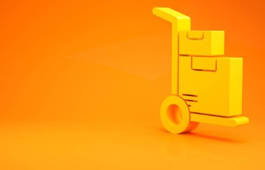 Sarı El kamyonu ve turuncu arka planda izole edilmiş kutu ikonu. Dolly sembolü. Minimalizm kavramı. 3d illüstrasyon 3d canlandırma