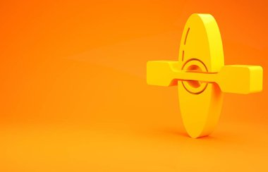 Sarı kano ve kürek ikonu turuncu arka planda izole edildi. Balıkçılık ve turizm için kano. Açık hava aktiviteleri. Minimalizm kavramı. 3d illüstrasyon 3B canlandırma