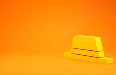Turuncu arka planda izole edilmiş kurdele ikonlu sarı adam şapkası. Minimalizm kavramı. 3d illüstrasyon 3d canlandırma