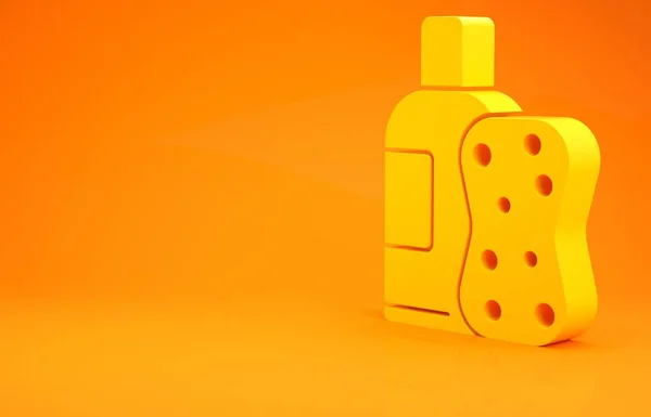 Frasco Amarelo Shampoo Esponja Ícone Isolado Fundo Laranja Conceito Minimalismo — Fotografia de Stock