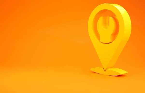 Yellow Location with wrench spanner icon isolated on orange background. Adjusting, service, setting, maintenance, repair, fixing. Minimalism concept. 3d illustration 3D render