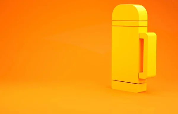 オレンジ色の背景に黄色の魔法瓶のアイコンが隔離されています 熱フラスコアイコン キャンプやハイキング機器 最小限の概念 3Dイラスト3Dレンダリング — ストック写真