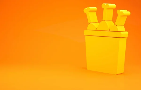 黄色鸡腿包装盒图标孤立在橙色背景 鸡腿棒 最低纲领的概念 3D渲染3D插图 — 图库照片